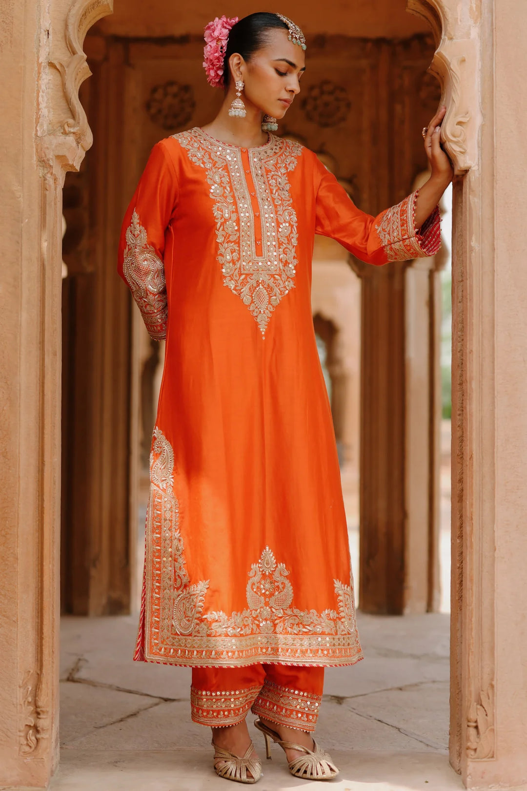 Umaira - Burnt Orange Long Kurta Set with Salwar & Dupatta
