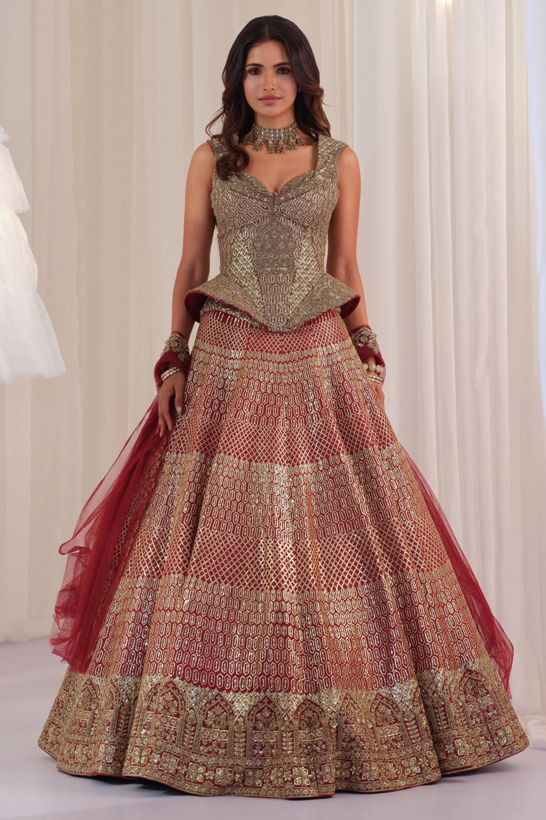 Maroon Raw Silk Lehenga With Peplum Sculpt Corset & Dupatta