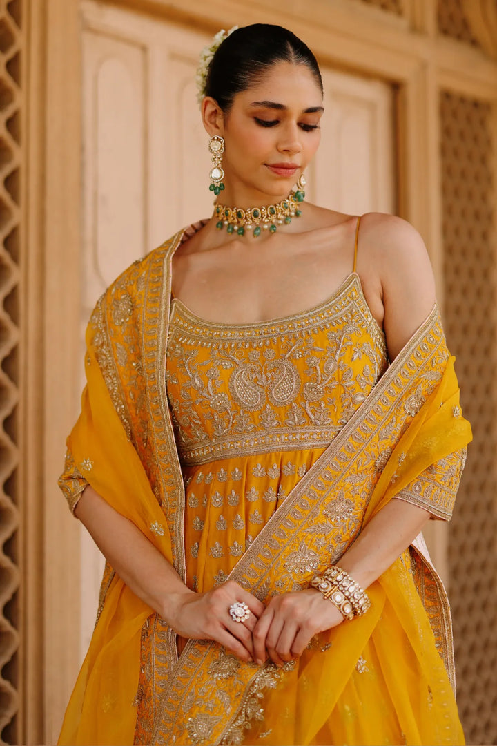Afraa - Mustard Anarkali Set with Palazzo & Dupatta