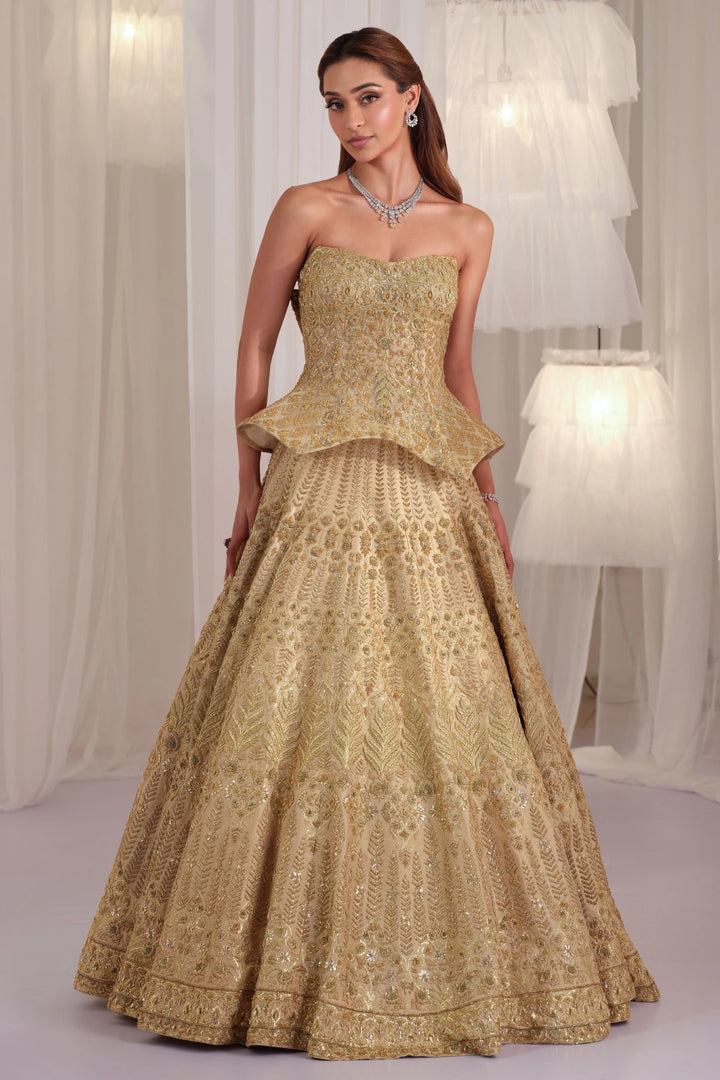 Gold Hand Embellished Sculpted Corset With Raw Silk Lehenga & Dupatta