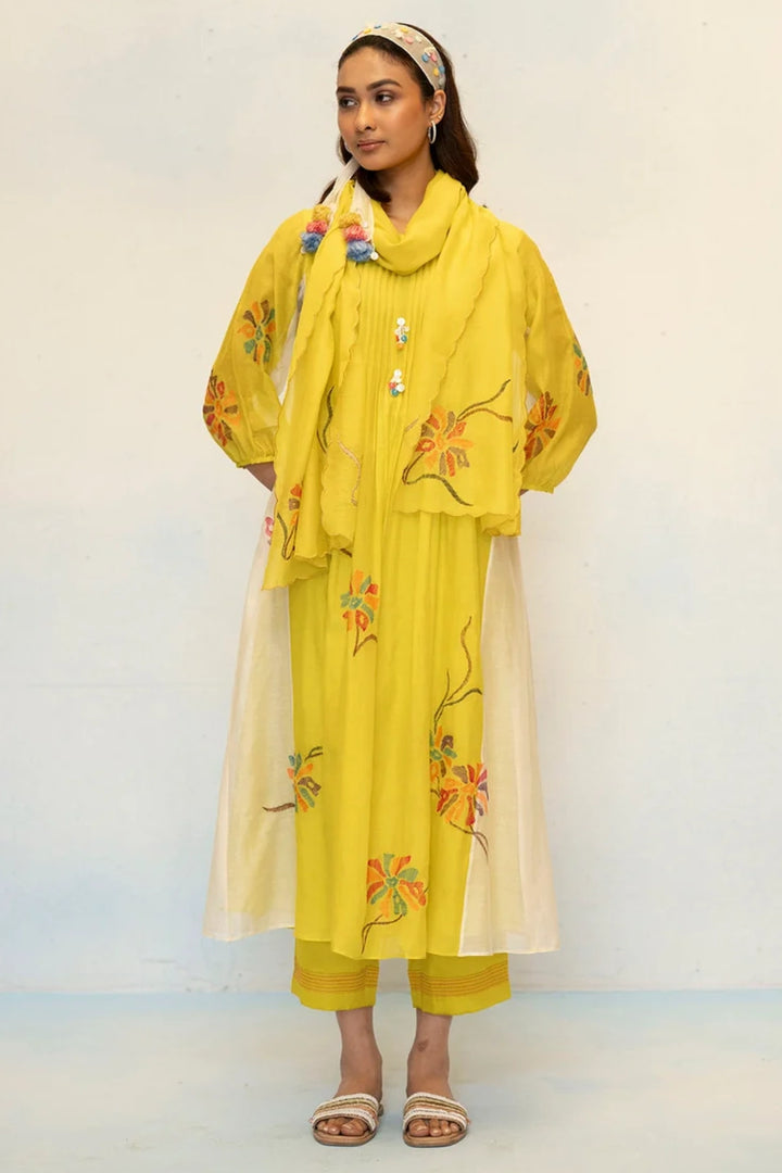 Meher Mul Chanderi Tunic Set in Olive Yellow