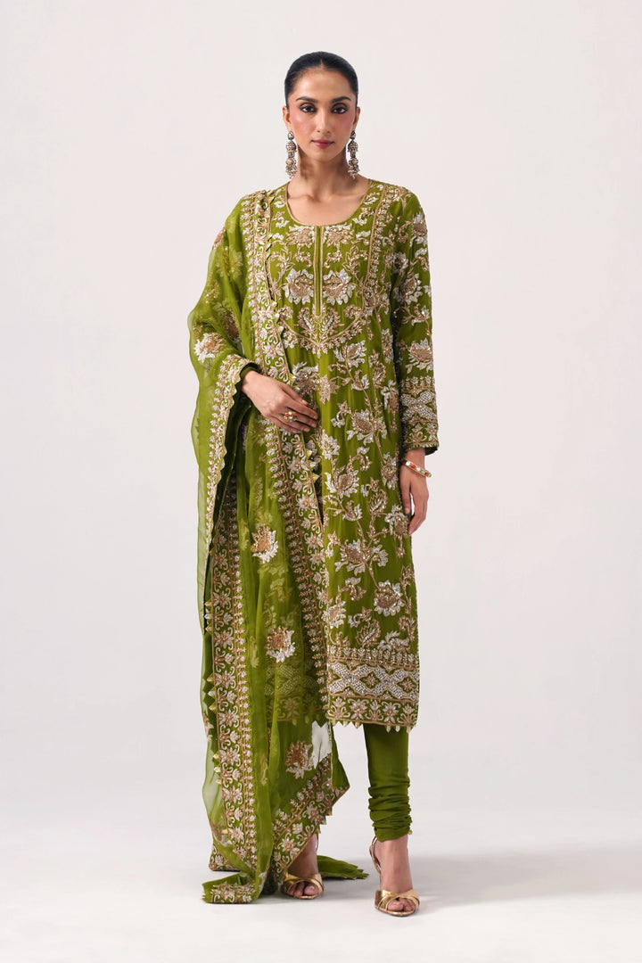 Zaar Bagh - Long Kurta Set - Mehandi Green