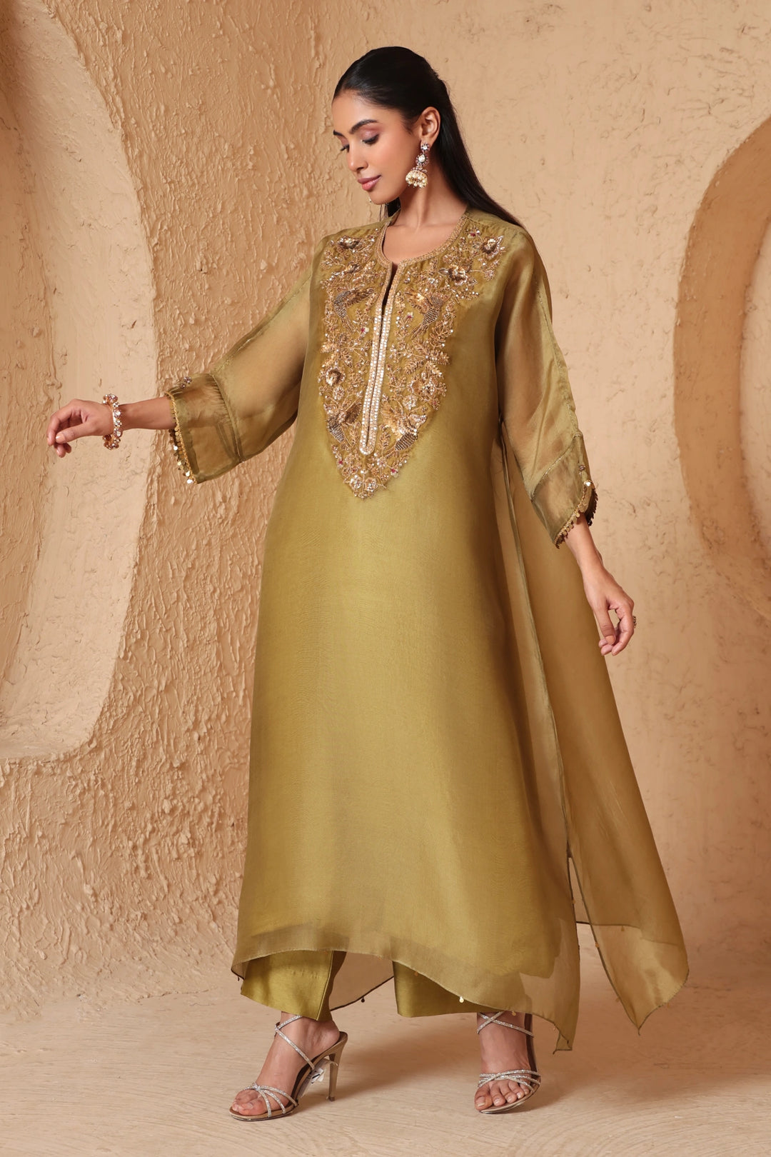 Mehrang Olive Green Kaftan Kurta Set