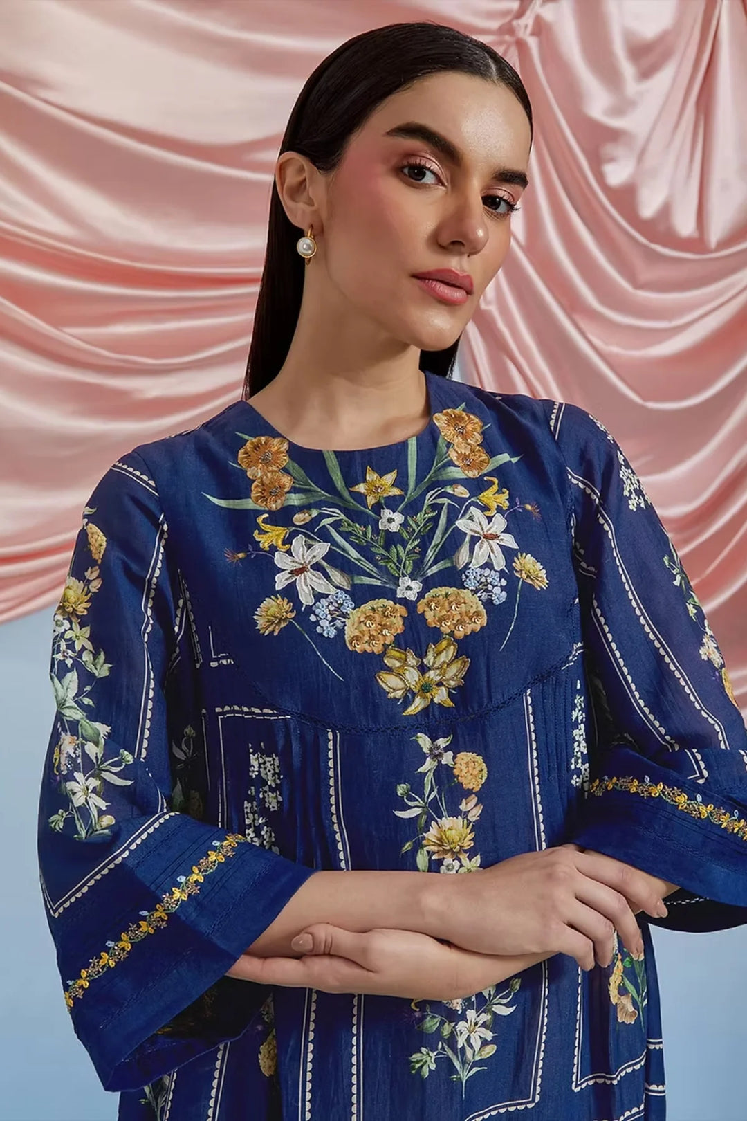 Bouquet Pleated Kurta - Airforce Blue