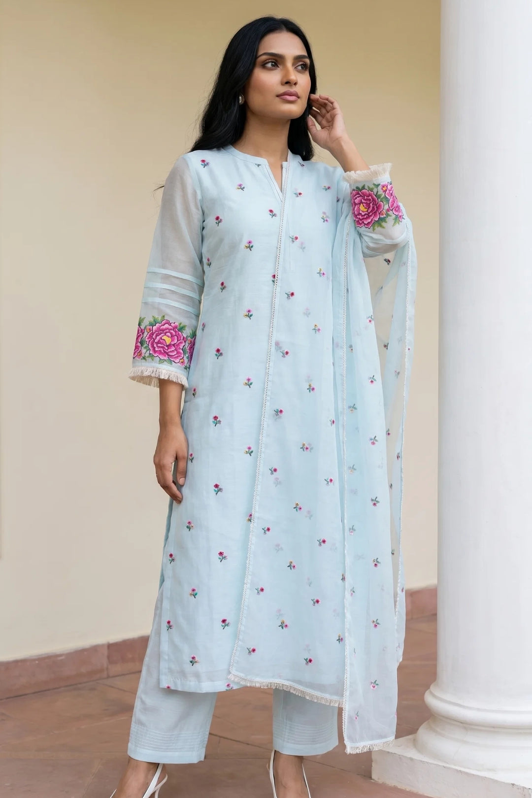 Zia Cross-Stitch Pure Mul Chanderi Kurta Set