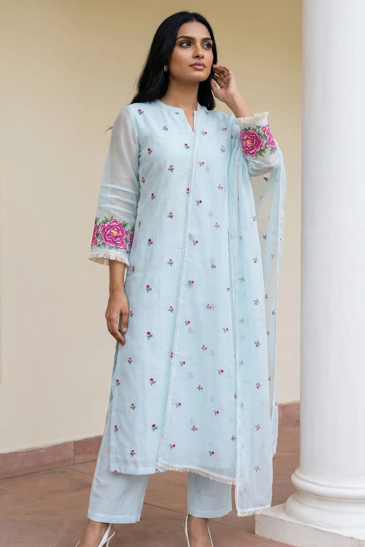 Zia Cross-Stitch Pure Mul Chanderi Kurta Set