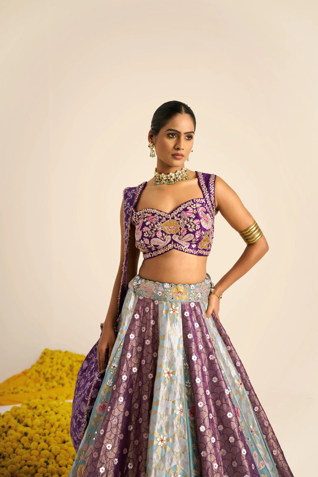 Multicolour panel Lehenga set