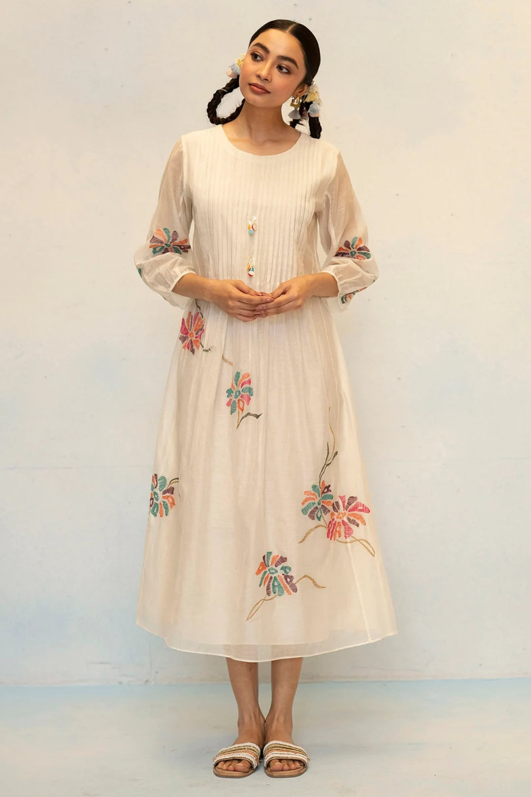 Meher Mul Chanderi Tunic Set in Off-White