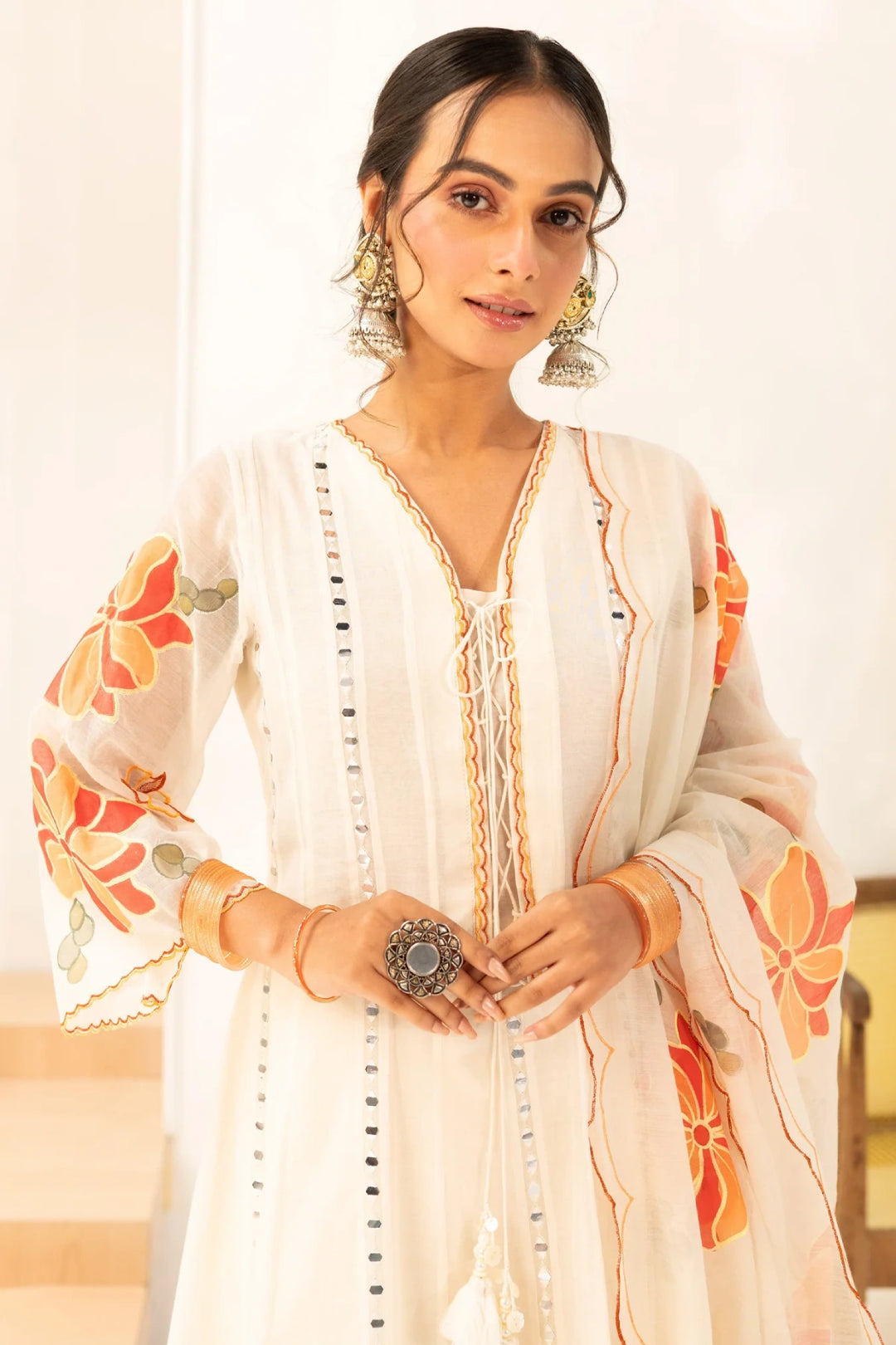 Zoya Mul Chanderi Anarkali Set in Off-White