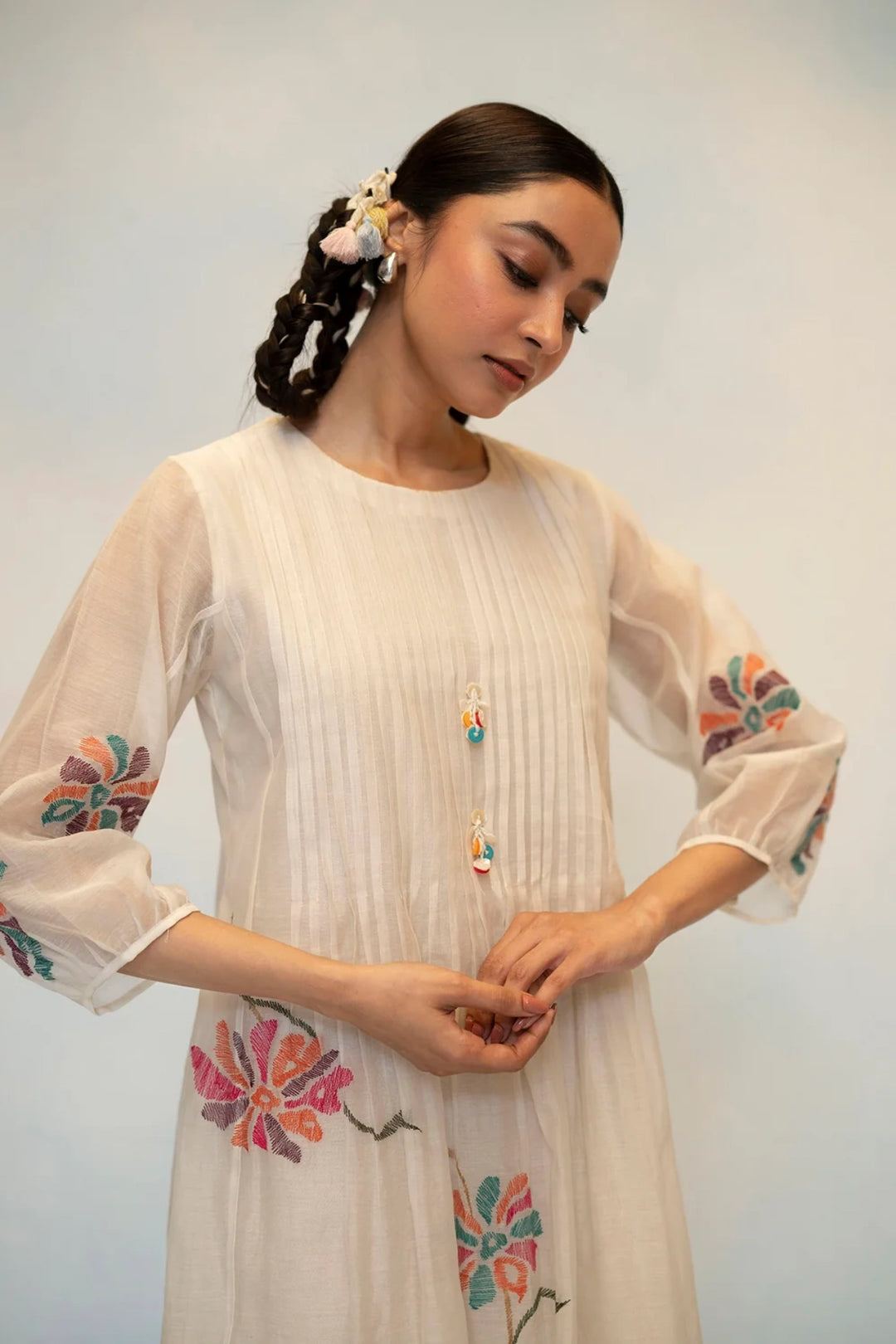 Meher Mul Chanderi Tunic Set in Off-White