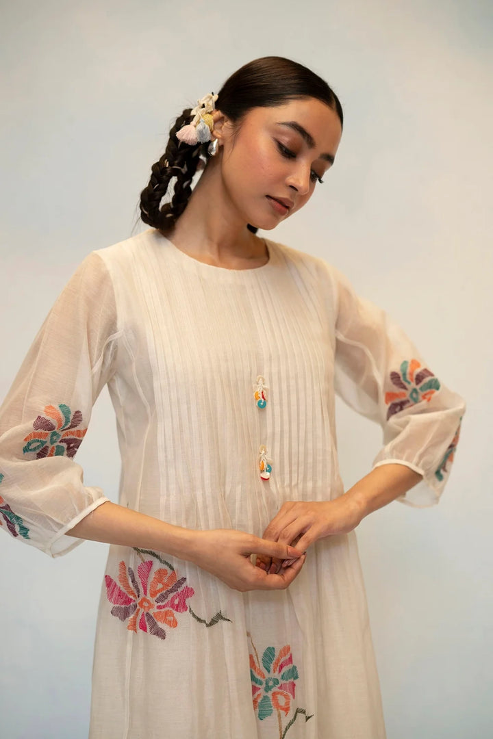 Meher Mul Chanderi Tunic Set in Off-White