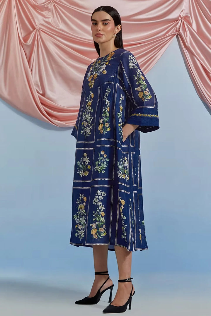 Bouquet Pleated Kurta - Airforce Blue