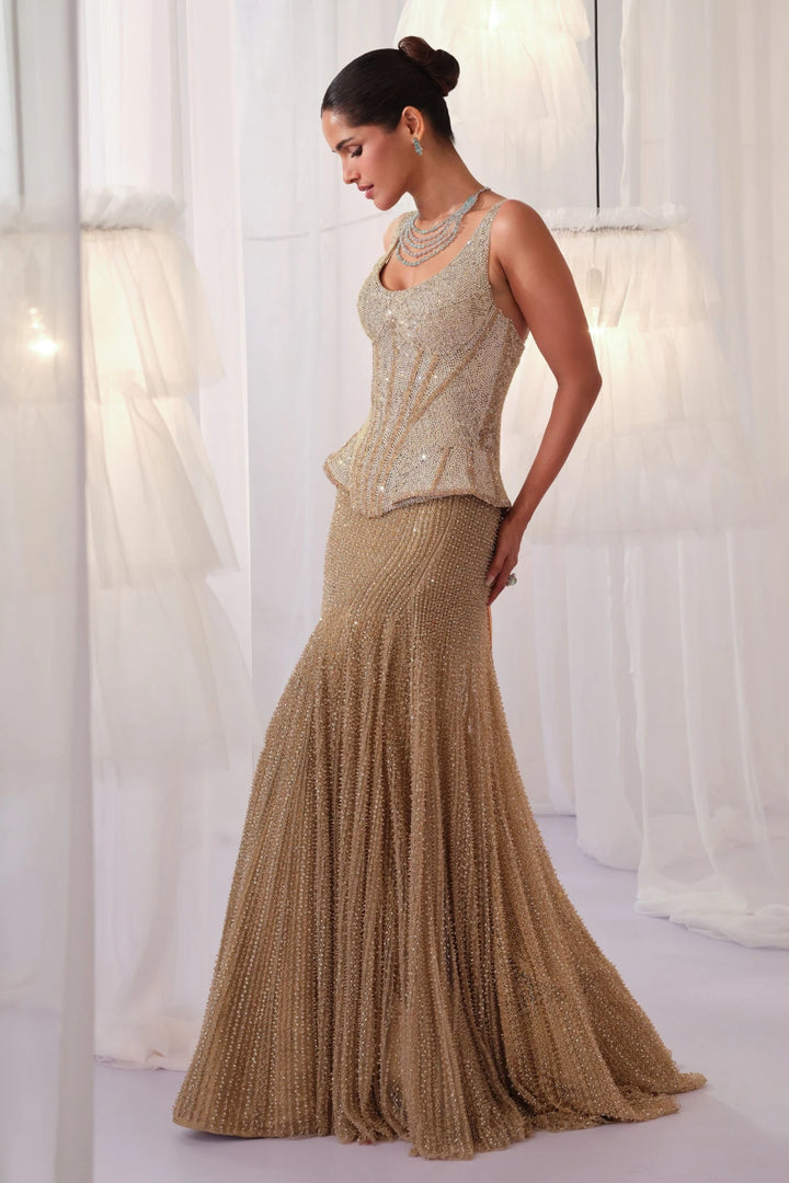 Champagne Gold Corset With Fishcut Lehenga