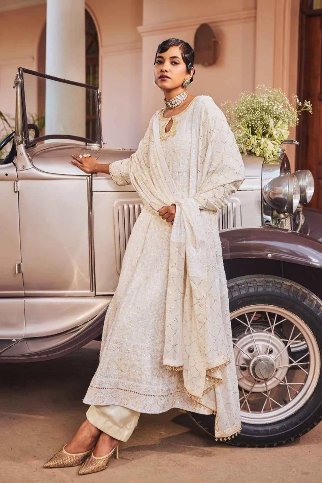 Ivory Pure & Premium Georgette Chikan Mukaish Anarkali & Dupatta