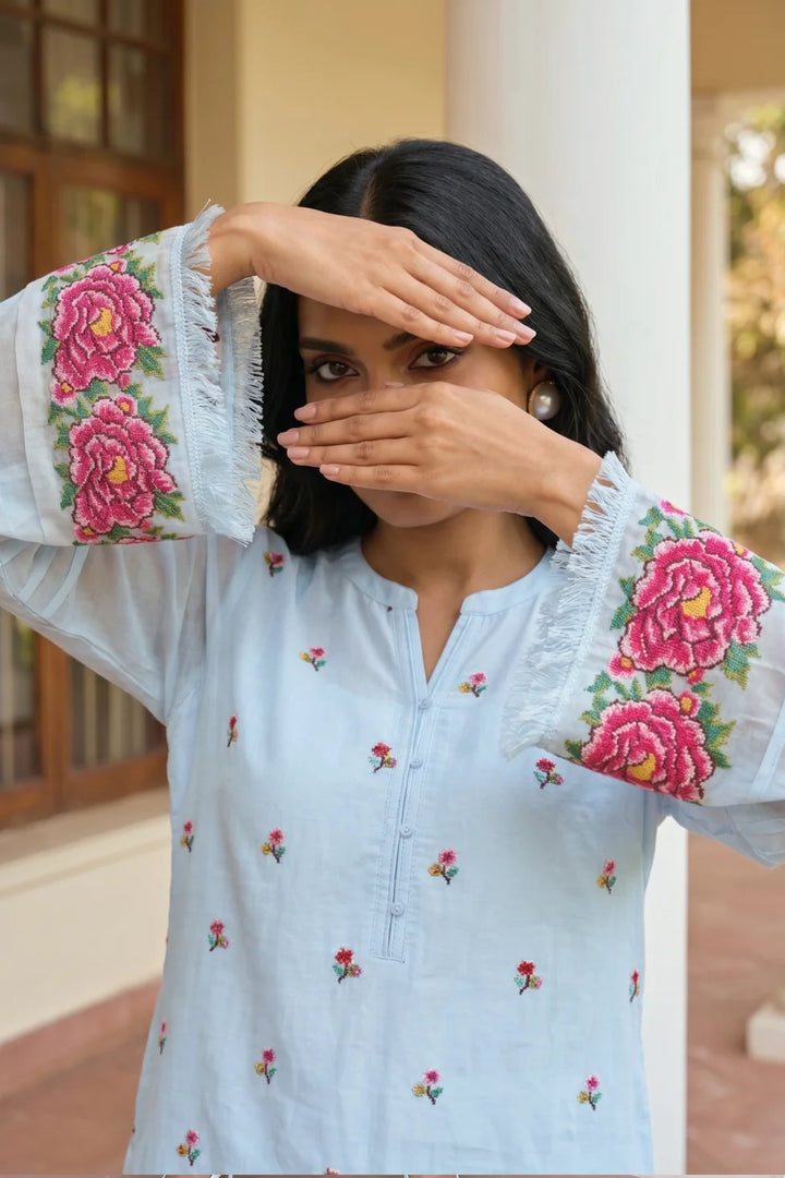 Zia Cross-Stitch Pure Mul Chanderi Kurta Set