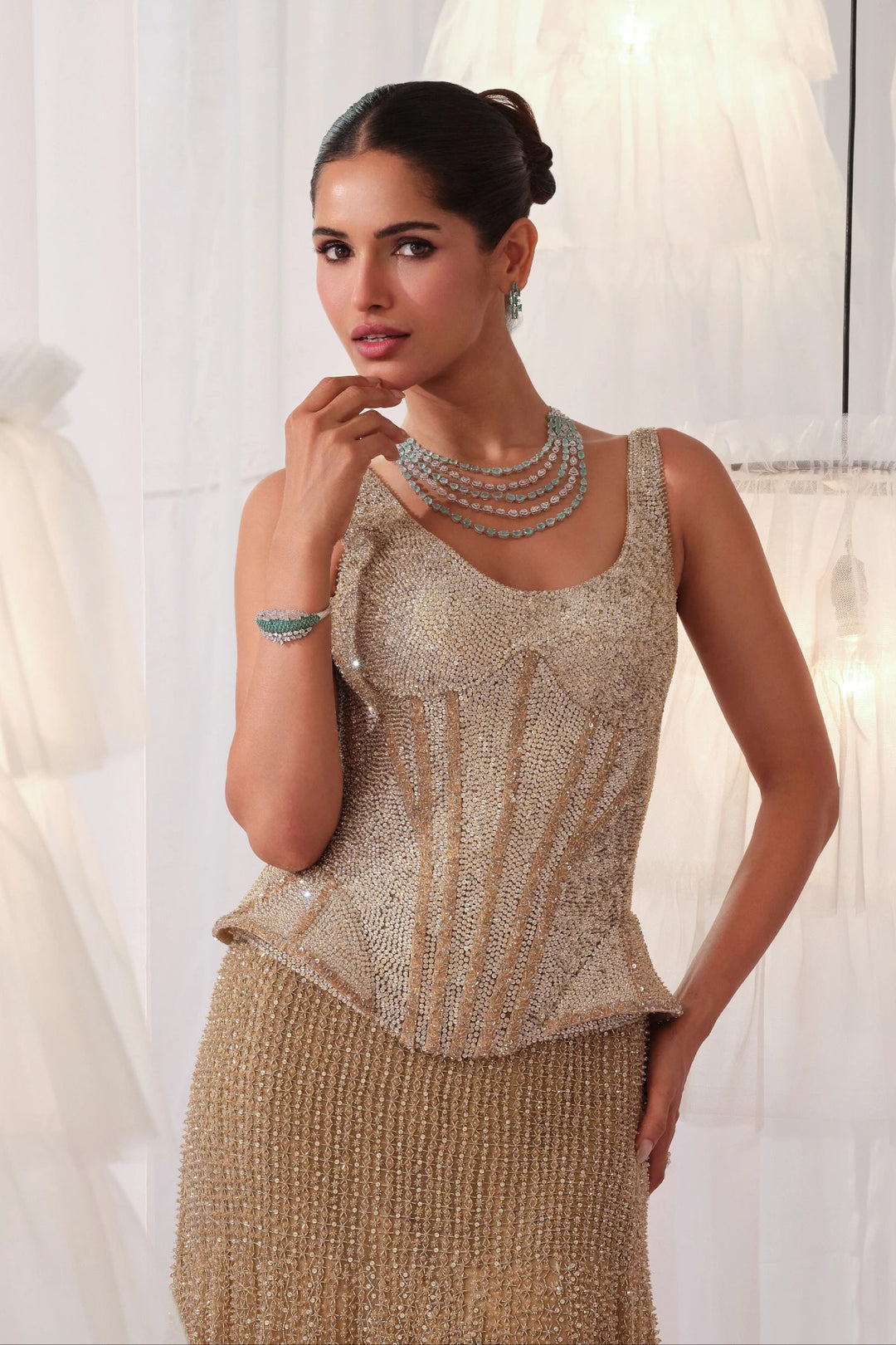 Champagne Gold Corset With Fishcut Lehenga