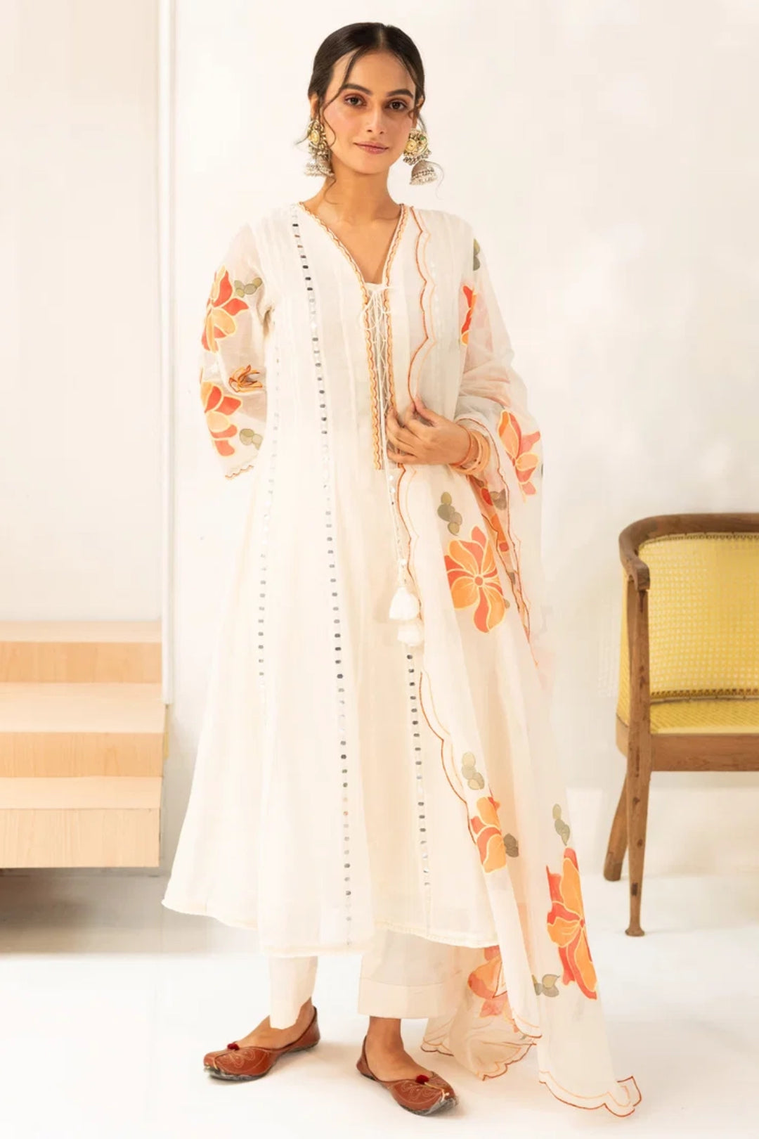Zoya Mul Chanderi Anarkali Set in Off-White