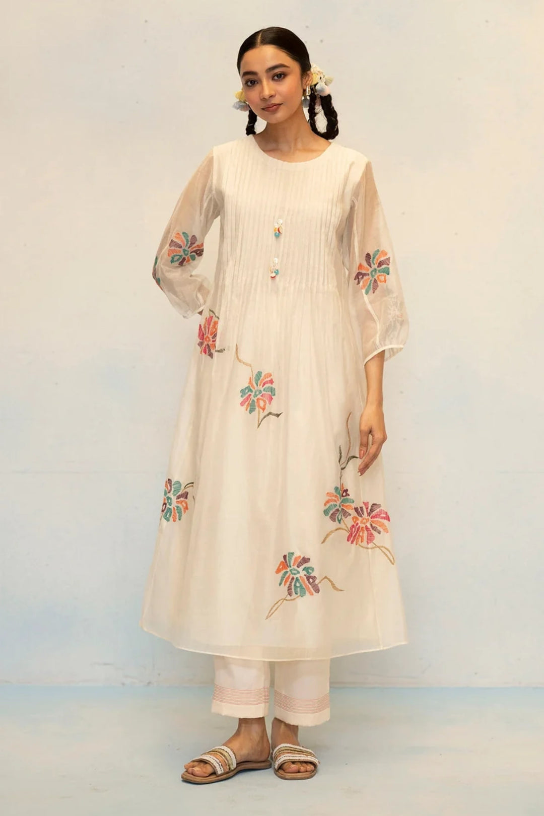 Meher Mul Chanderi Tunic Set in Off-White