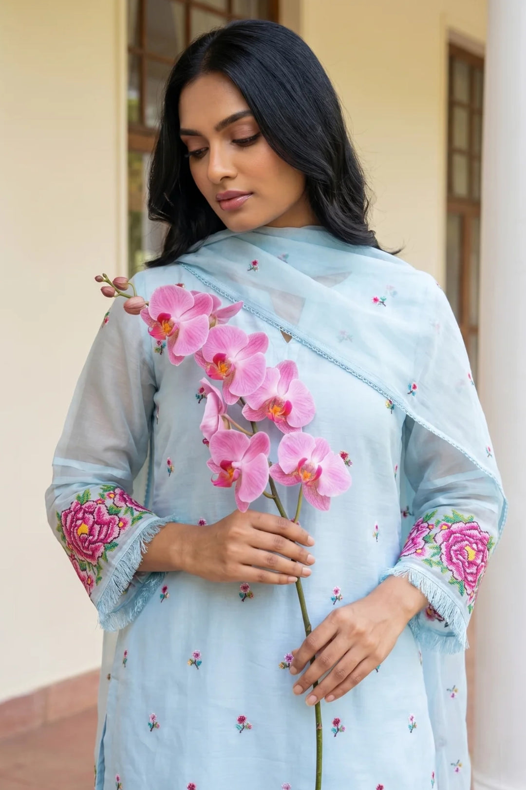Zia Cross-Stitch Pure Mul Chanderi Kurta Set