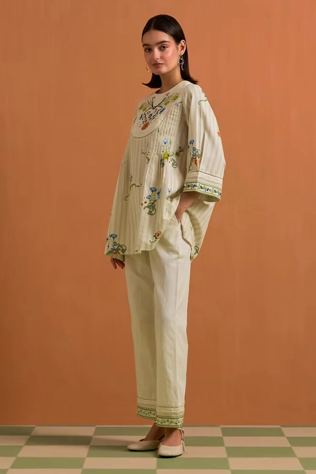 Verdant Yoke Top & Trouser Set-Ivory