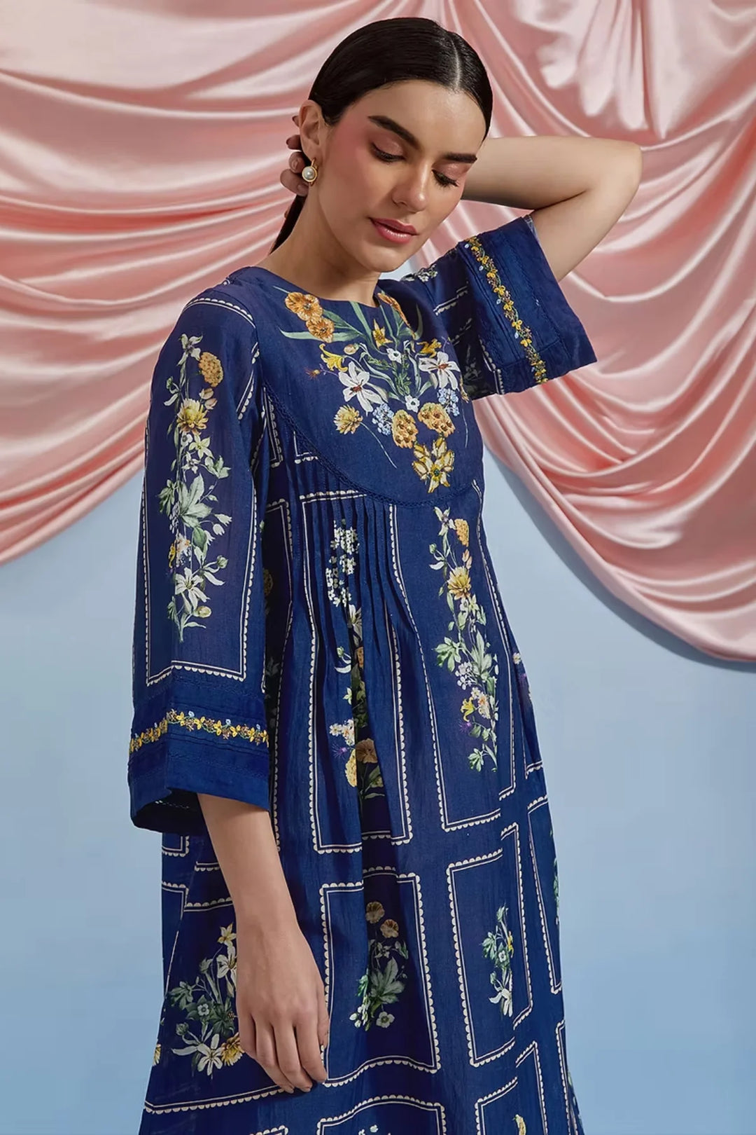 Bouquet Pleated Kurta - Airforce Blue