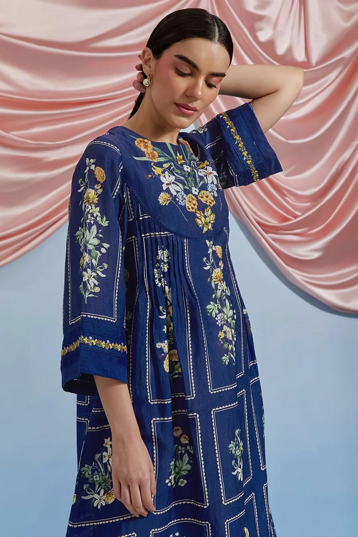 Bouquet Pleated Kurta - Airforce Blue