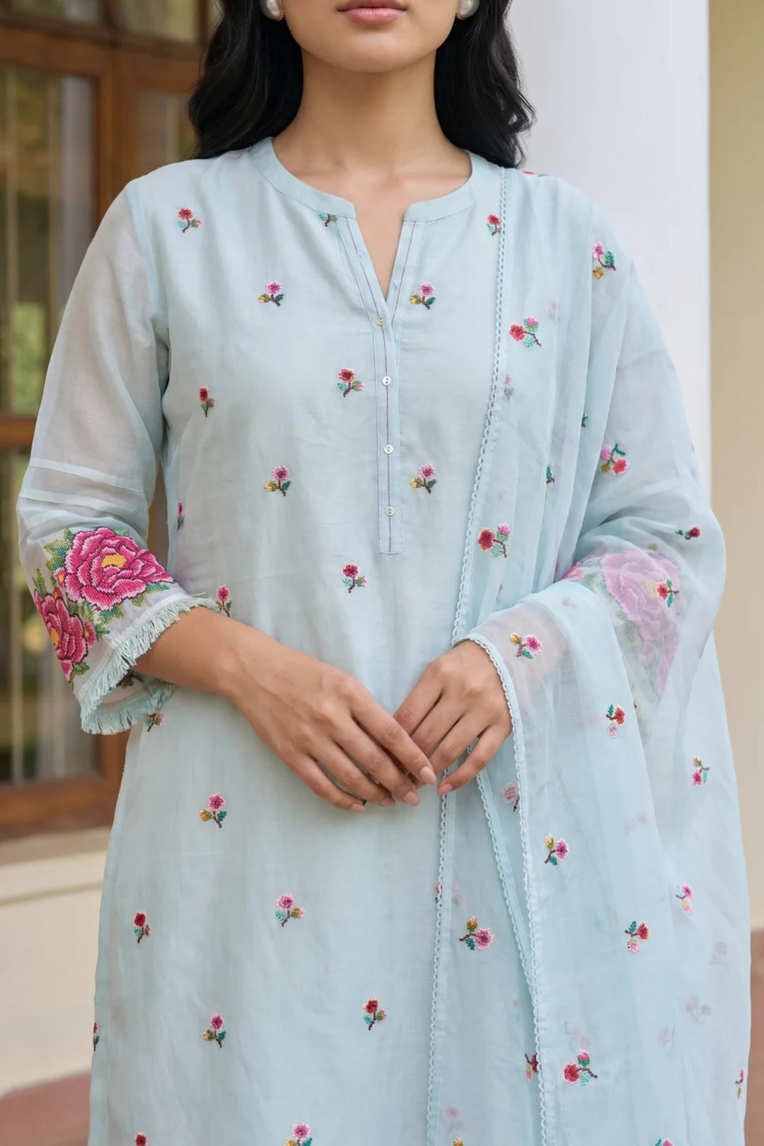 Zia Cross-Stitch Pure Mul Chanderi Kurta Set