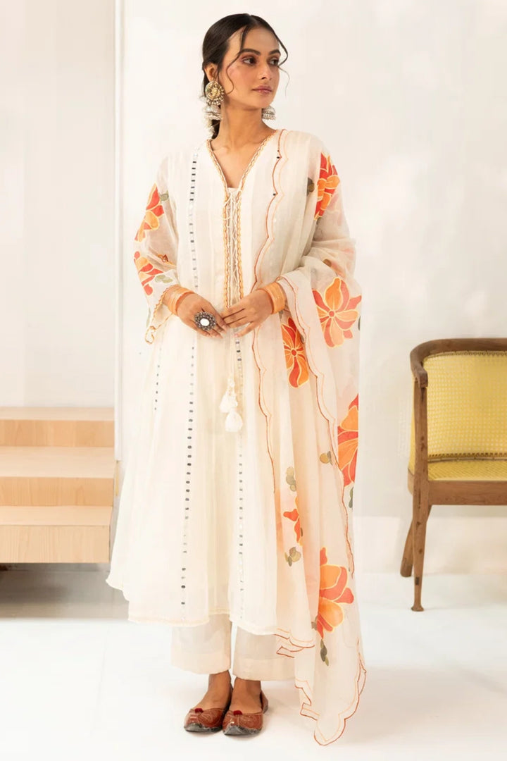 Zoya Mul Chanderi Anarkali Set in Off-White