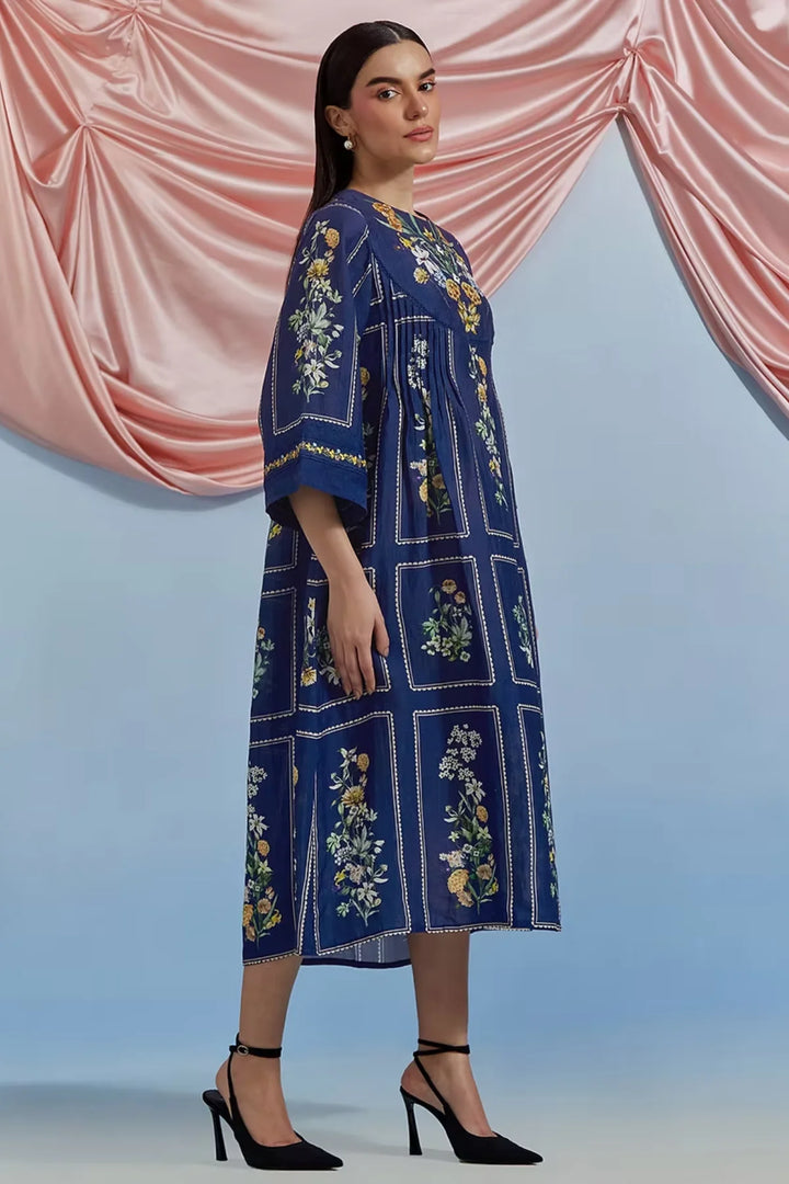 Bouquet Pleated Kurta - Airforce Blue