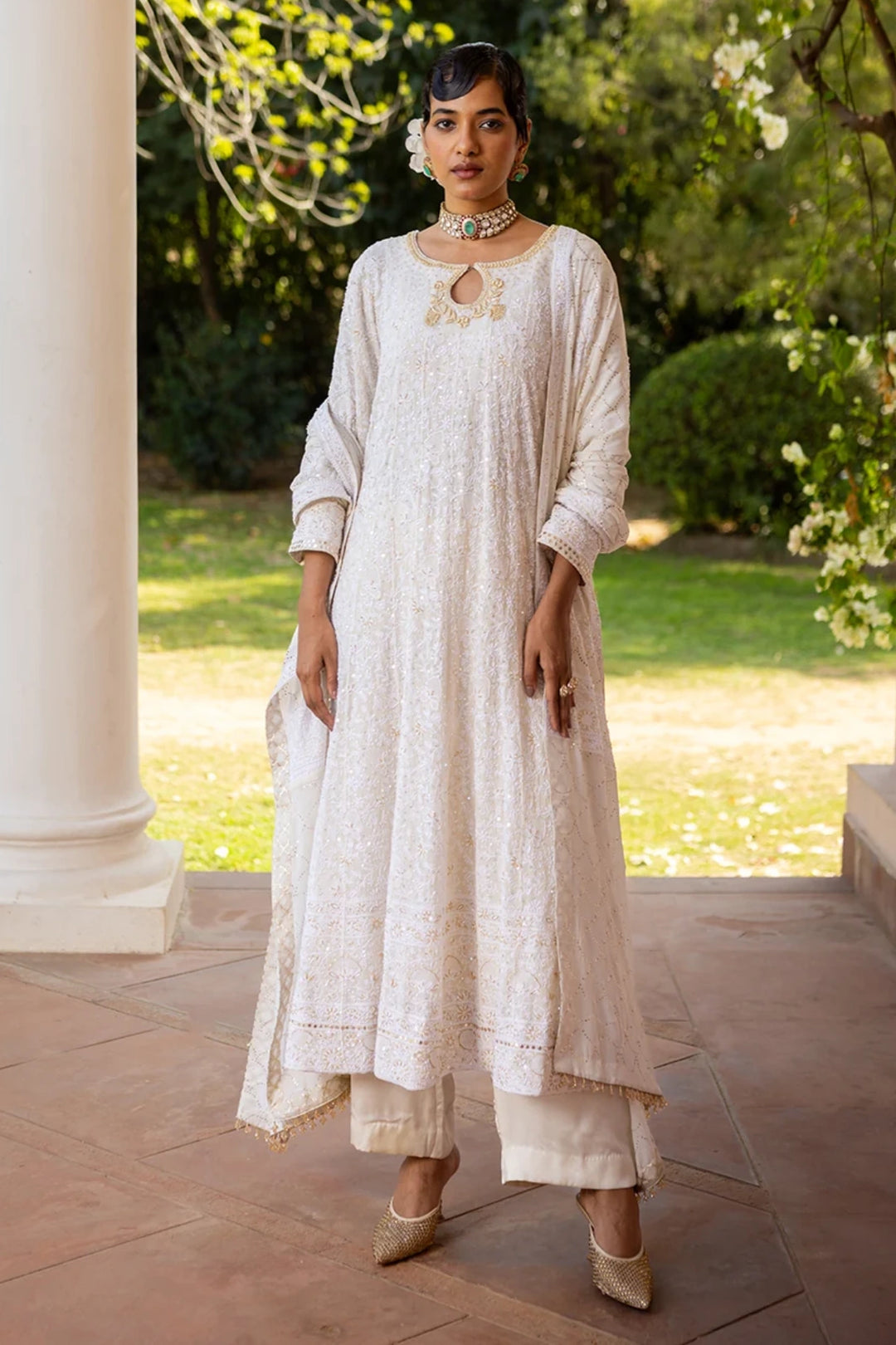 Ivory Pure & Premium Georgette Chikan Mukaish Anarkali & Dupatta