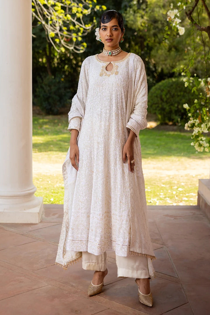 Ivory Pure & Premium Georgette Chikan Mukaish Anarkali & Dupatta