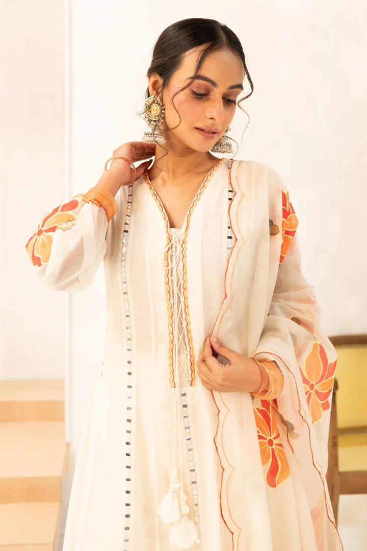 Zoya Mul Chanderi Anarkali Set in Off-White
