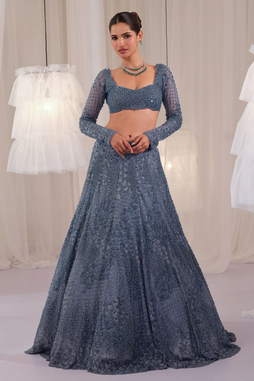 Metallic Blue Hand Embellished Blouse With Lehenga & Dupatta