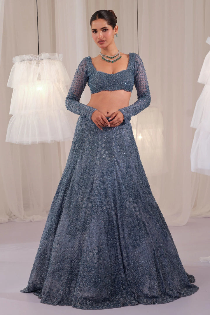Metallic Blue Hand Embellished Blouse With Lehenga & Dupatta
