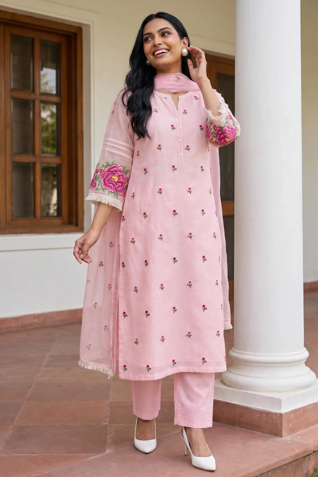 Zia Cross-Stitch Pure Mul Chanderi Kurta Set