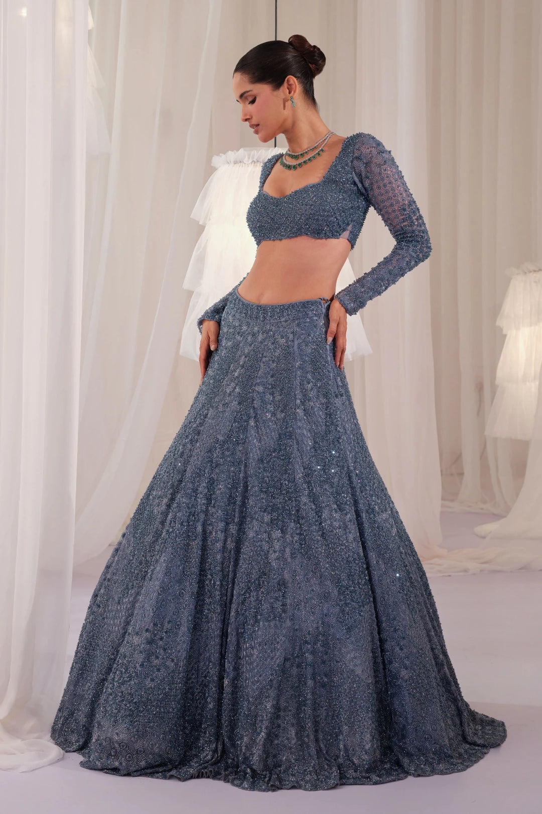 Metallic Blue Hand Embellished Blouse With Lehenga & Dupatta