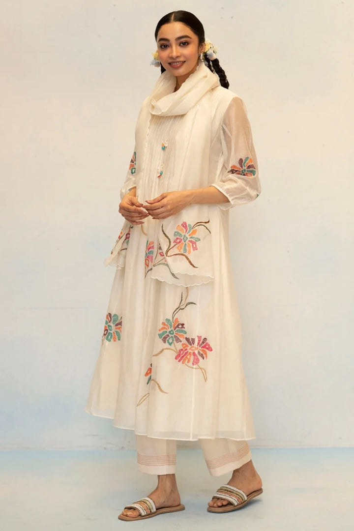 Meher Mul Chanderi Tunic Set in Off-White