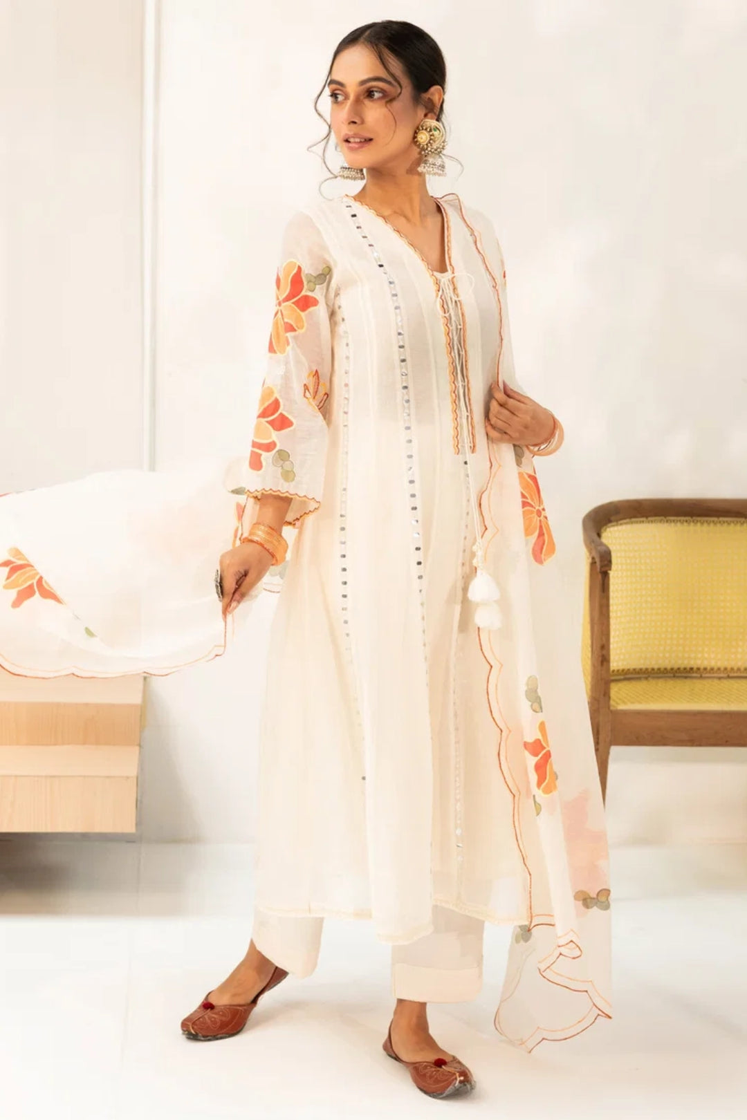 Zoya Mul Chanderi Anarkali Set in Off-White