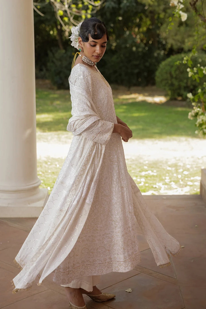Ivory Pure & Premium Georgette Chikan Mukaish Anarkali & Dupatta