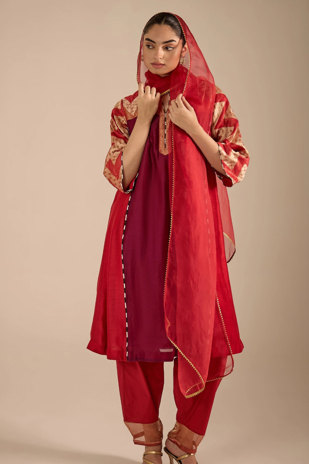 Chevron Red and Purple Kurta Set