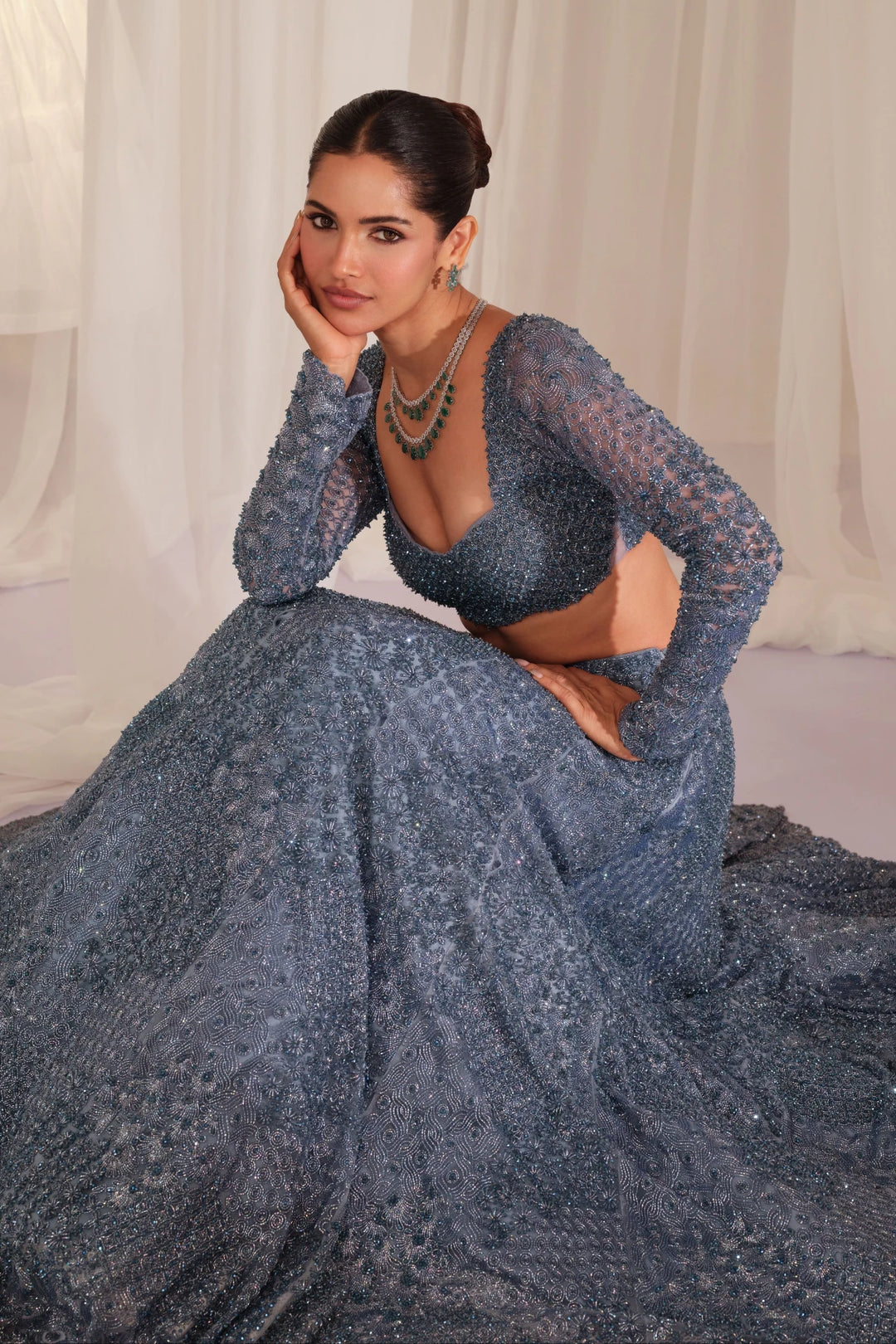 Metallic Blue Hand Embellished Blouse With Lehenga & Dupatta