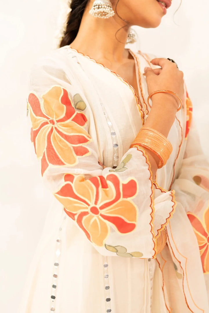 Zoya Mul Chanderi Anarkali Set in Off-White