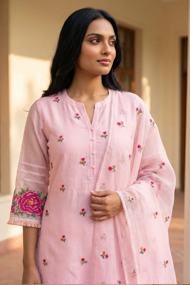 Zia Cross-Stitch Pure Mul Chanderi Kurta Set