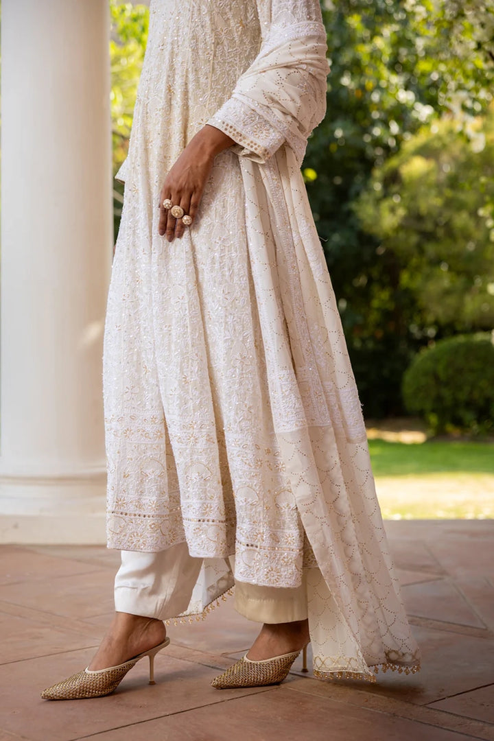 Ivory Pure & Premium Georgette Chikan Mukaish Anarkali & Dupatta