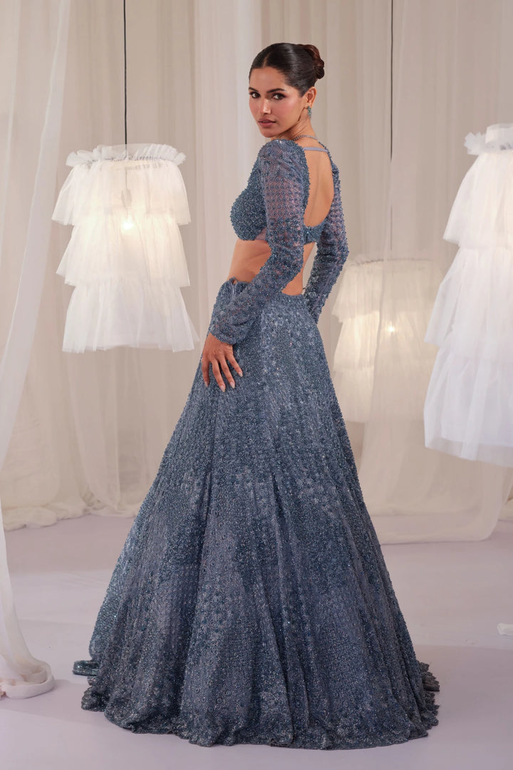 Metallic Blue Hand Embellished Blouse With Lehenga & Dupatta