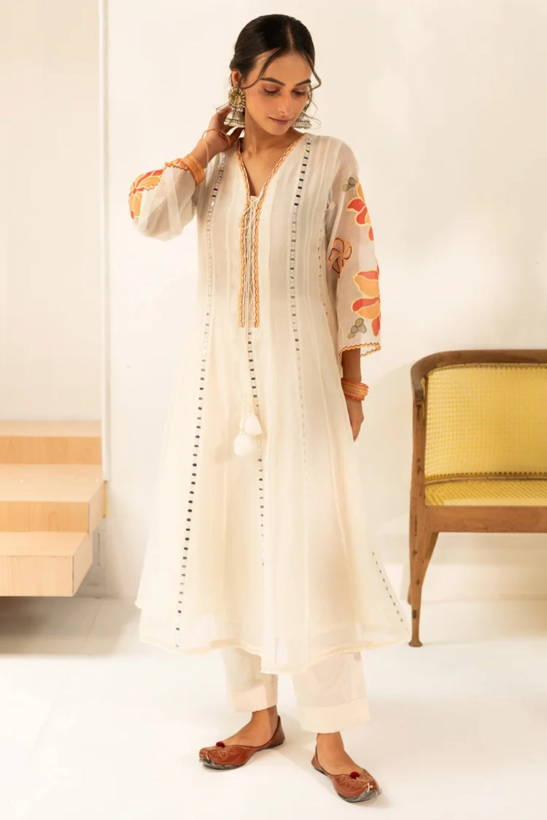 Zoya Mul Chanderi Anarkali Set in Off-White