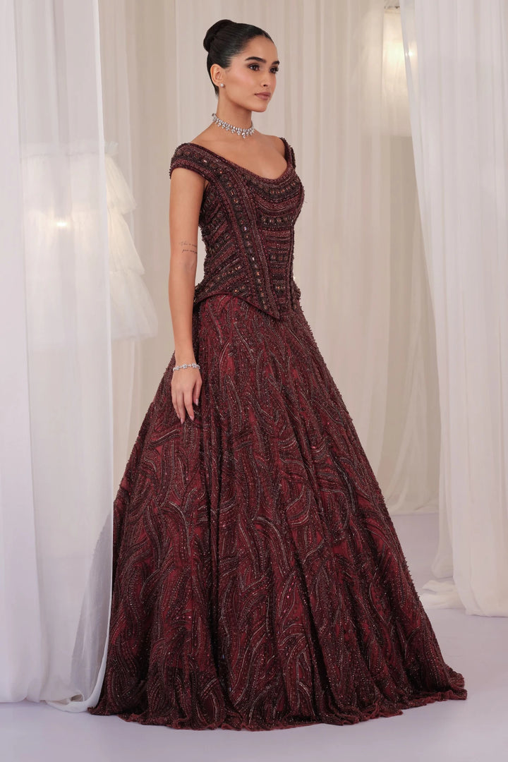 Deep Wine Hand Embellished Corset With Lehenga