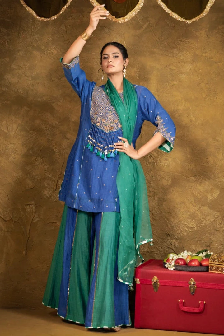 Antique Chowkadi Sharara Set - Blue + Green