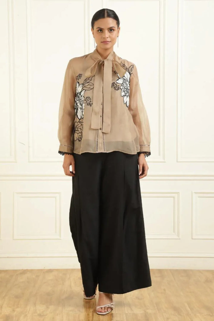 Women’s Sheer Organza Front Open Tie-Neck taupe Shirt