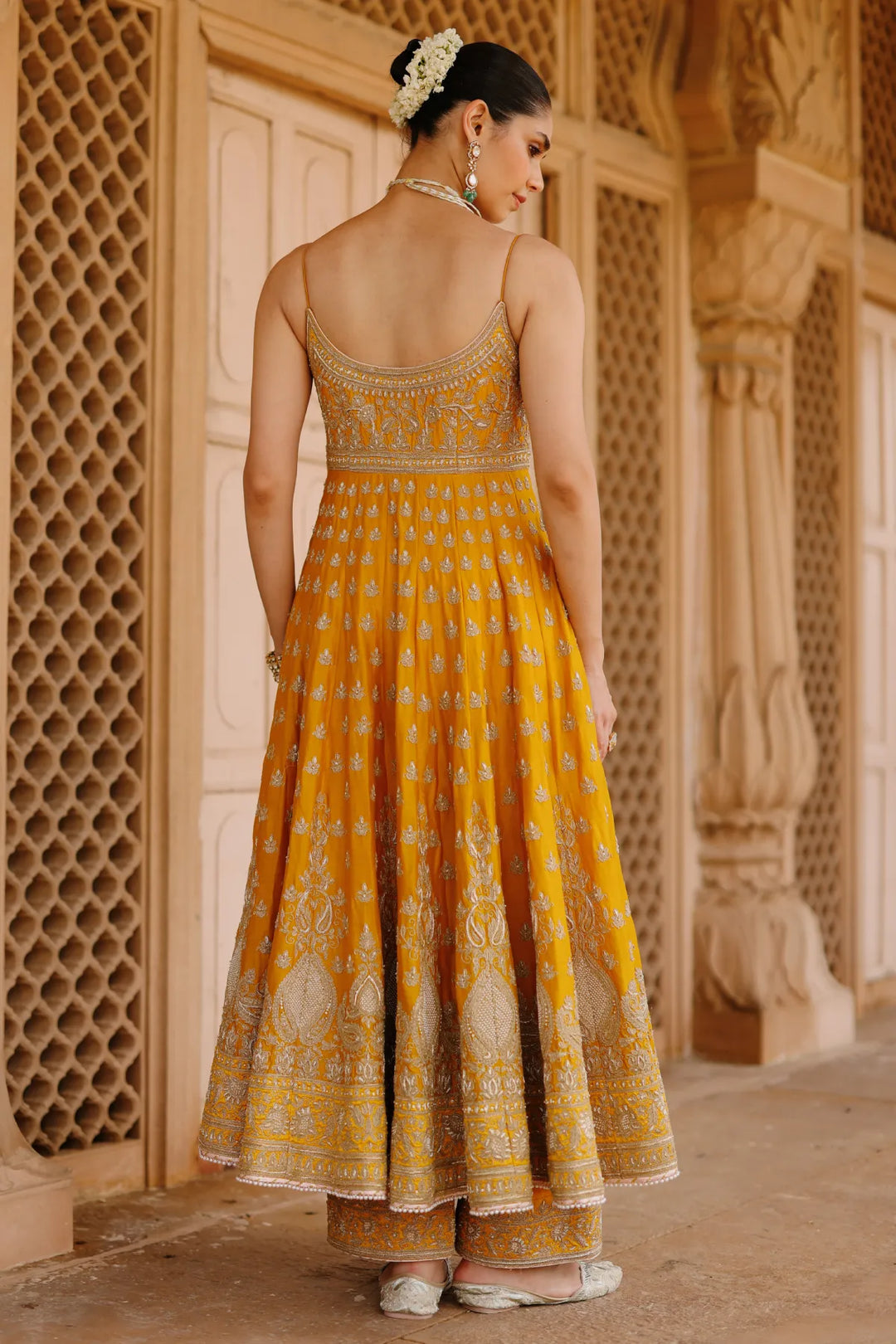 Afraa - Mustard Anarkali Set with Palazzo & Dupatta